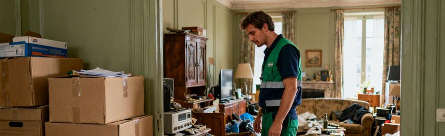 Professionnel du débarras inspectant un salon encombré de meubles et cartons pour évaluer l'intervention