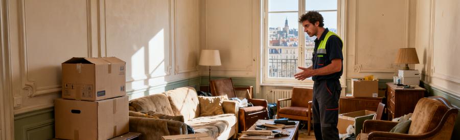 Professionnel du débarras évaluant les encombrants dans un salon à Beauvais, prêt à proposer une solution de désencombrement adaptée.