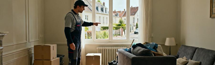 Debarrasseur Evaluation Salon Compiegne Professionnel du débarras à Compiègne évaluant des meubles et encombrants dans un salon résidentiel, démontrant son expertise locale.