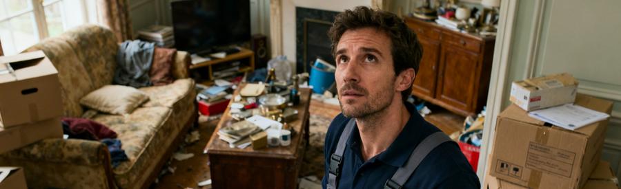 Debarrasseur Evaluation Salon Compiegne Professionnel du débarras évaluant les encombrants dans un salon à Compiègne avant intervention