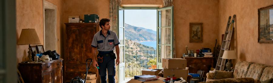 Debarrasseur Evaluation Salon Corse Professionnel du débarras évaluant les encombrants dans un salon corse avec vue méditerranéenne