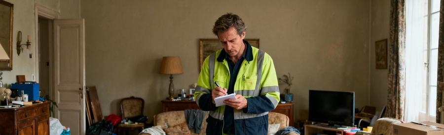 Débarrasseur professionnel évaluant attentivement un salon rempli de meubles et cartons avant intervention de désencombrement