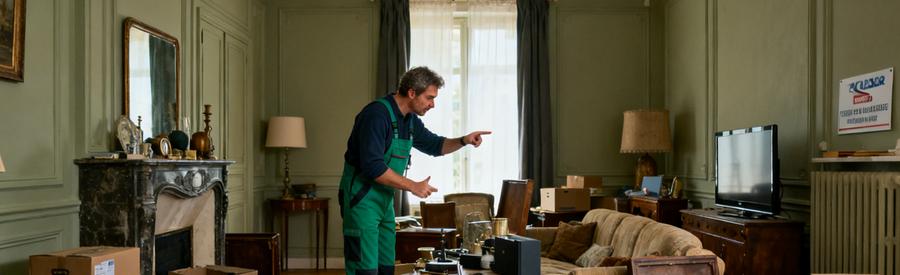 Professionnel du débarras inspectant et évaluant les objets d'un salon encombré pour déterminer les variables de tarification