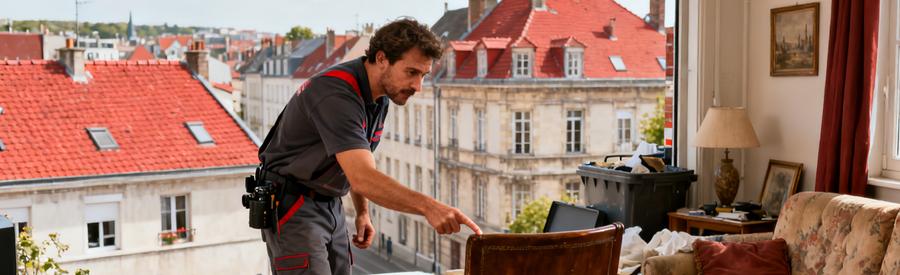Débarrasseur professionnel évaluant les meubles d'un salon encombré dans une maison du Nord avec architecture locale visible par les fenêtres.