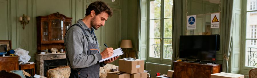Debarrasseur Evaluation Salon Quimper Professionnel du débarras évaluant les encombrants d'un salon à Quimper pour établir une proposition