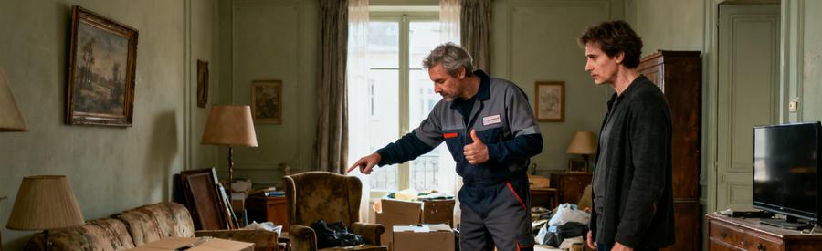 Débarrasseur professionnel évaluant des meubles et objets dans un salon encombré à Thionville, en présence du client