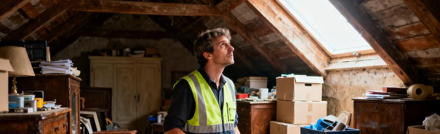 Debarrasseur Expertise Grenier Encombre Professionnel du débarras évaluant un grenier rempli de meubles et cartons, démontrant l'expertise requise pour les situations complexes