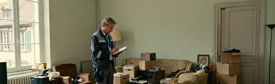 Debarrasseur Expertise Salon Colmar Débarrasseur professionnel inspectant un salon encombré à Colmar, évaluant les objets avant intervention
