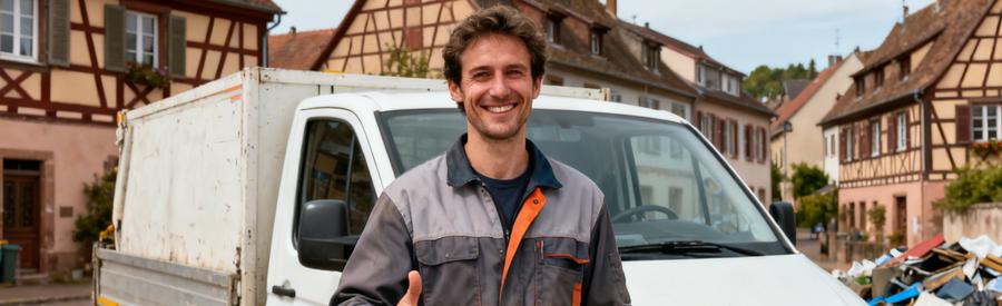 Professionnel du débarras en Haut-Rhin posant devant sa camionnette dans un village alsacien, symbole de couverture départementale.
