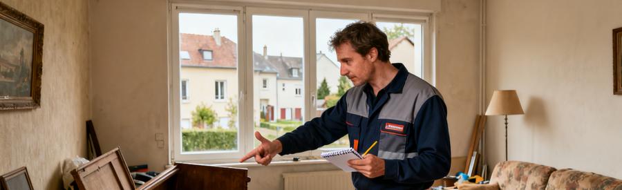 Professionnel du débarras inspectant meubles et objets dans un salon pour évaluer l'intervention à Thionville