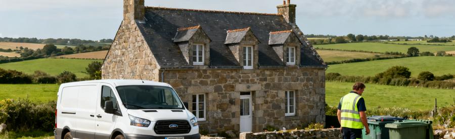 Debarrasseur Intervention Finistere Quimper Professionnel du débarras intervenant devant une maison bretonne à Quimper et en Finistère, camionnette de travail visible