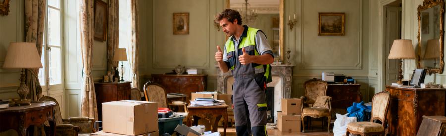 Debarrasseur Professionnel Anjou Evaluation Professionnel du débarras inspectant meubles et objets dans un salon angevin, expertise locale Maine-et-Loire