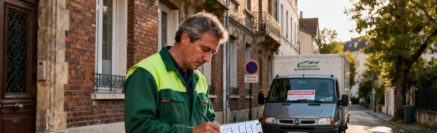 Débarrasseur consultant son plan d'intervention devant immeuble ancien à Livry-Gargan avec camionnette stationnée