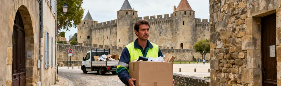 Debarrasseur Professionnel Ruelle Cite Medievale Carcassonne Débarrasseur transportant encombrants dans ruelle pavée de la Cité de Carcassonne avec remparts médiévaux