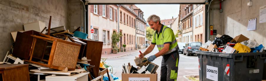 Debarrasseur Tri Responsable Colmar Professionnel du débarras effectuant le tri sélectif des objets évacués selon les critères de recyclage et valorisation.