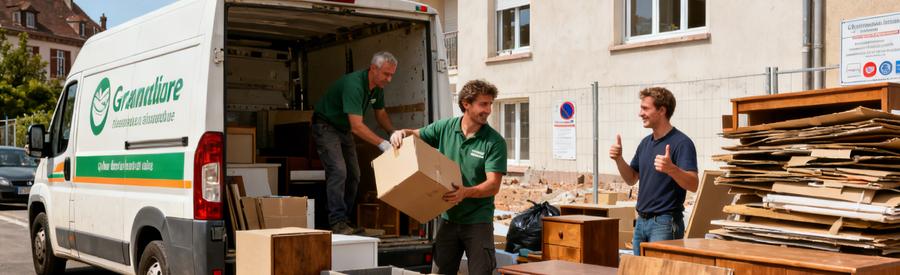 Professionnel du débarras à Mulhouse triant meubles et objets réutilisables pour ressourceries locales, démontrant l'approche écologique du réseau SuperDebarras.
