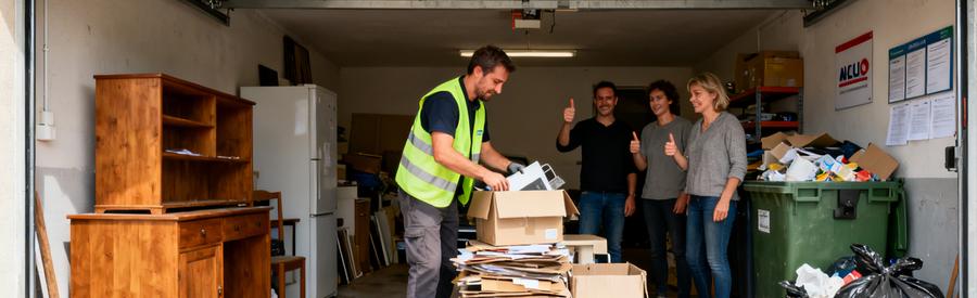 Debarrasseur Tri Selectif Objets Compiègne Professionnel du débarras effectuant un tri systématique des objets par catégorie : meubles réutilisables, matériaux recyclables et déchets, dans un garage à Compiègne.