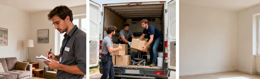 Debarrasseurs Morbihan Comparaison Offres Trois professionnels du Morbihan évaluant, chargeant et finalisant un débarras complet d'intérieur