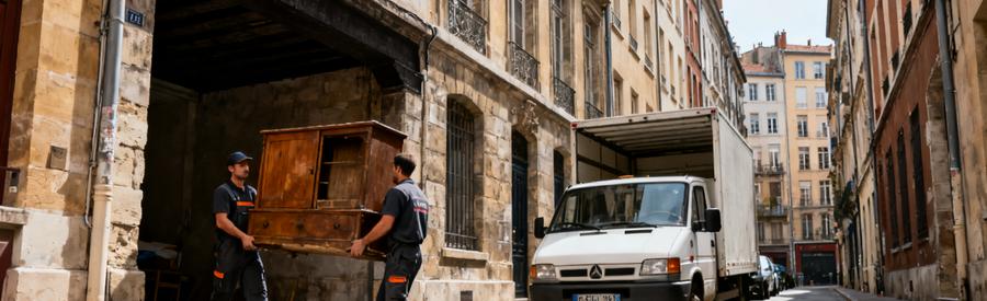 Debarrasseurs Rue Etroite Guillotiere Lyon 7 Professionnels du débarras portant un meuble dans une rue étroite de la Guillotière, Lyon 7ème, immeubles anciens