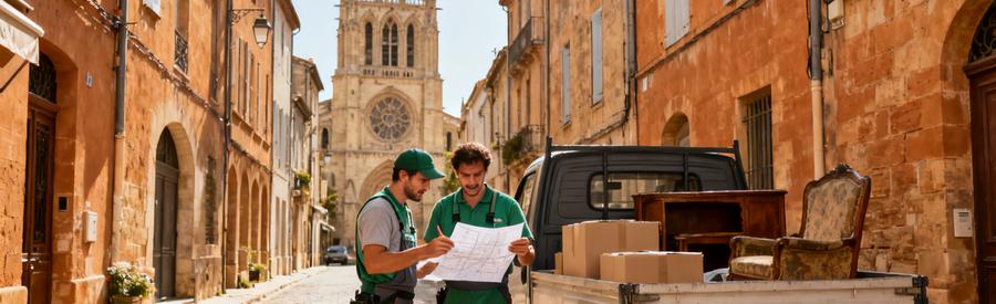 Débarrasseurs planifiant intervention dans ruelle étroite du centre historique de Narbonne avec cathédrale