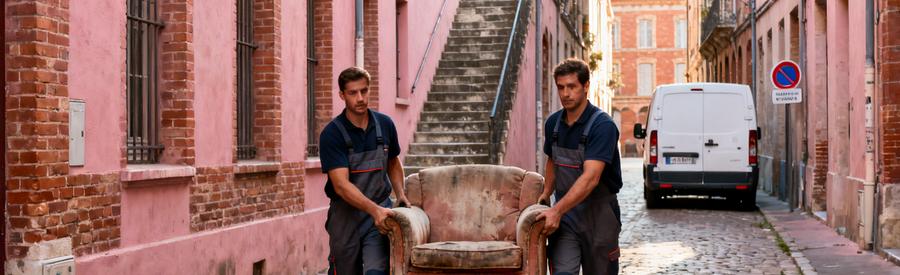 Debarrasseurs Ruelle Etroite Centre Toulouse Débarrasseurs portant un canapé dans une ruelle pavée du centre historique de Toulouse avec façades en briques roses