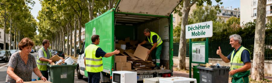 Decheterie Mobile Encombrants Villejuif 94800 Déchèterie mobile municipale à Villejuif accueillant habitants pour dépôt d'encombrants et cartons avec agent de tri