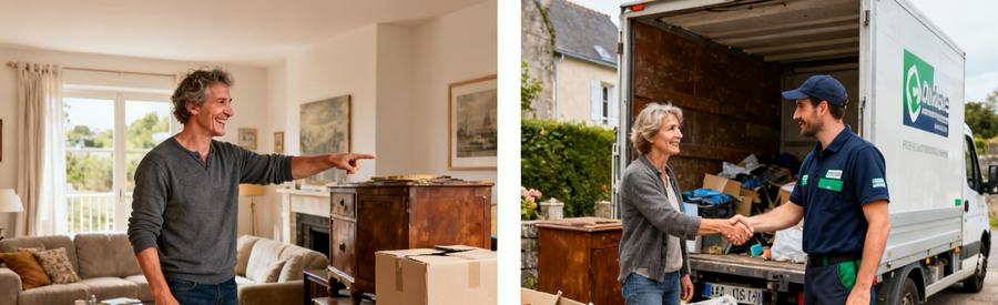 Demande Debarras Morbihan Simple Diptyque : à gauche, habitant identifie ses encombrants ; à droite, débarrasseur professionnel arrive et discute de l'enlèvement.