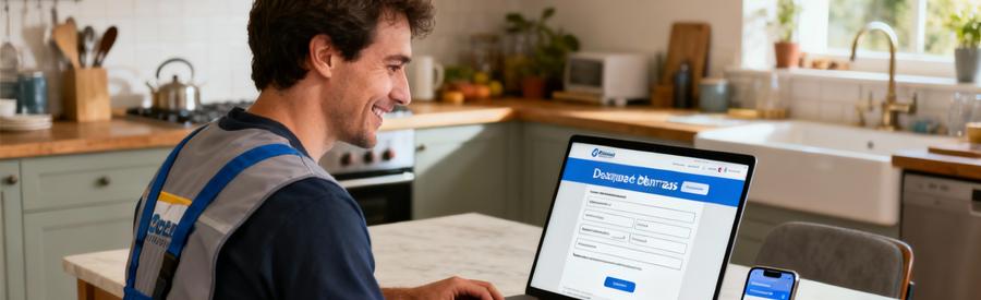 Personne utilisant un ordinateur pour comparer facilement plusieurs offres de professionnels du débarras en ligne