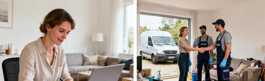 Demande Simple Rencontre Professionnels Diptyque : à gauche, client décrivant son besoin en ligne ; à droite, débarrasseurs professionnels se présentant pour évaluer le bien