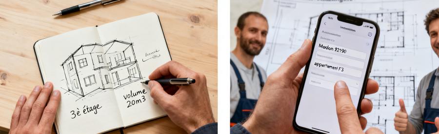 Description Projet Debarras Carnet Smartphone Meudon Personne décrivant son projet de débarras sur carnet puis smartphone, première étape simple sans inscription