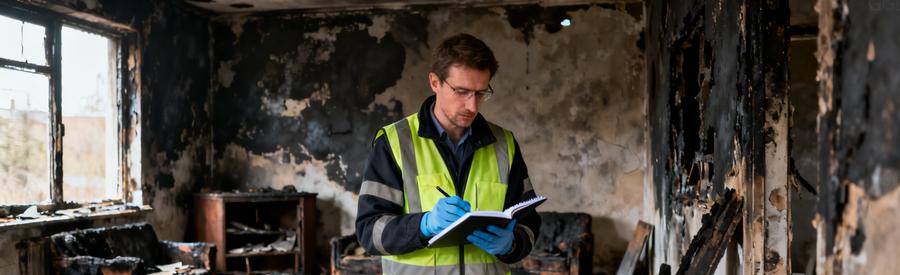 Diagnostic Sinistre Evaluation Degats Expert en débarras post-sinistre évaluant les dégâts et risques dans une habitation endommagée par incendie ou inondation.