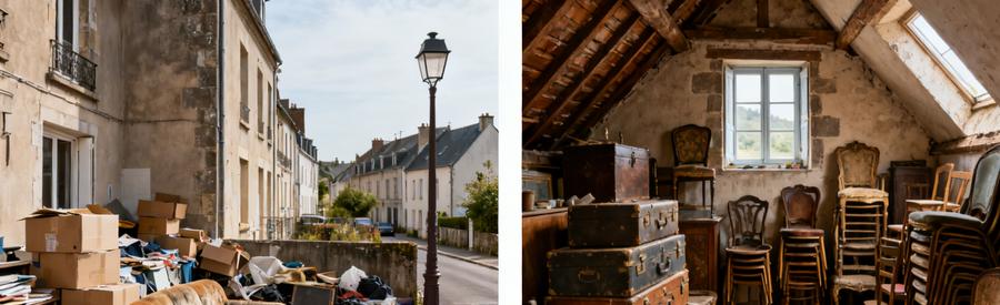 Diptyque Debarras Petit Grand Logement Brest Deux situations de débarras : petit appartement urbain encombré à gauche, grande maison bretonne avec grenier chargé à droite