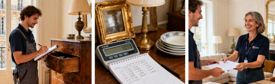 Professionnel évaluant mobilier ancien dans appartement Lyon 2ème pour déterminer si débarras gratuit ou payant possible