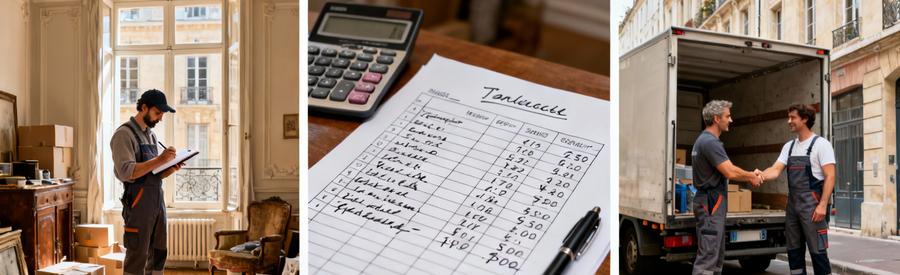 Évaluation budgétaire intervention professionnelle Lyon : prise notes appartement, grille tarifaire, accord client