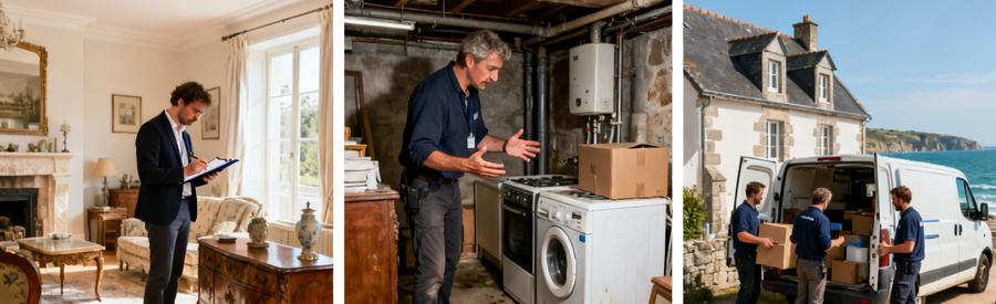 Evaluation Debarras Finistere Trois Formules Trois étapes d'évaluation de débarras en Finistère : inspection d'objets, expertise en cave, et chargement professionnel en régions côtière bretonne