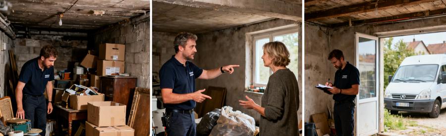 Professionnel du débarras évaluant cave et encombrants en Haut-Rhin, processus d'inspection et estimation sur site.