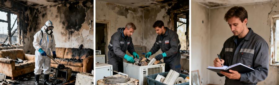 Evaluation Debarras Sinistre Incendie Inondation Professionnels en équipement de protection évaluant et triant les débris de sinistre, illustrant la complexité du débarras post-catastrophe.