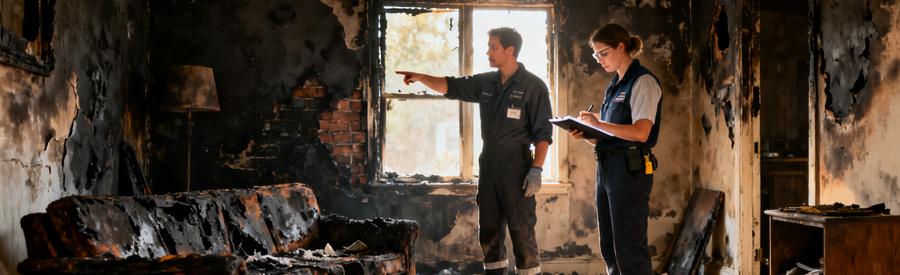 Evaluation Degats Incendie Maison Débarrasseurs professionnels évaluant les dégâts d'un incendie dans une maison, murs noircis et mobilier endommagé.