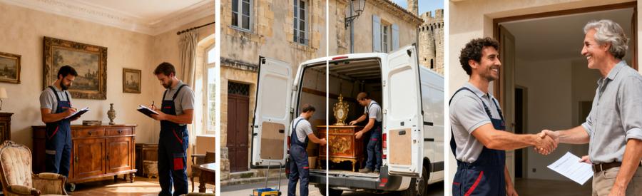 Evaluation Mobilier Ancien Compensation Frais Carcassonne Débarrasseurs évaluant puis chargeant mobilier ancien de valeur pour compensation des frais d'intervention à Carcassonne