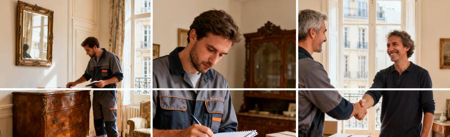 Evaluation Mobilier Intervention Gratuite Lyon 3 Professionnel évaluant meubles anciens pour intervention gratuite dans appartement Lyon 3ème arrondissement