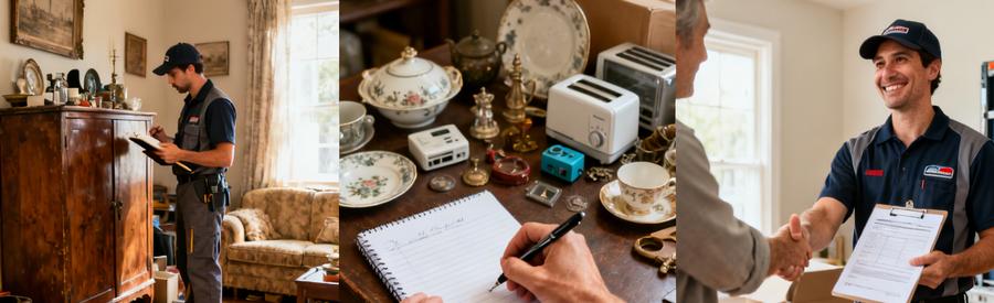 Evaluation Objets Anciens Mobilier Professionnel 46 Professionnel évaluant meubles anciens et objets de valeur lors d'une visite à domicile pour estimation de débarras