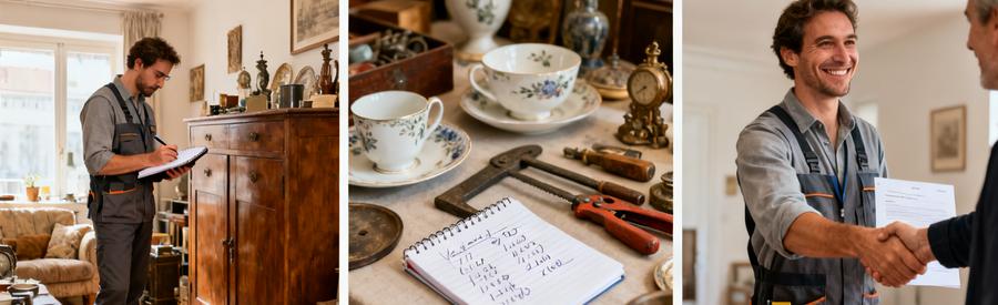 Evaluation Objets Anciens Monplaisir Lyon 8 Professionnel évaluant mobilier et objets anciens dans pavillon de Monplaisir pour déterminer gratuité du service