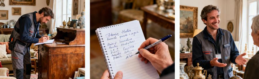 Professionnel évaluant meubles et objets pour déterminer si le débarras sera gratuit, payant ou indemnisé dans le 65