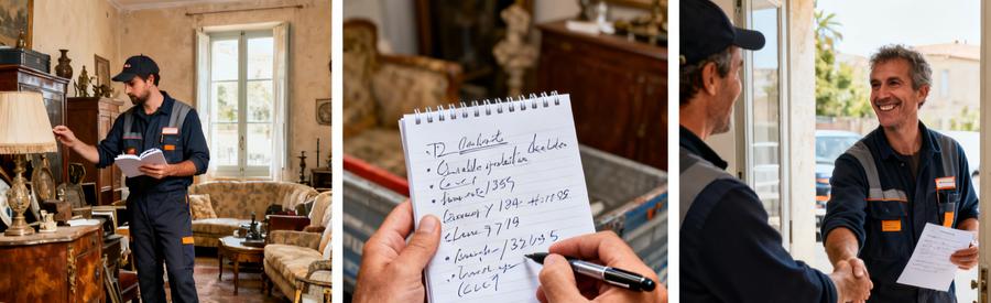 Professionnel évaluant meubles et objets lors d'un débarras à Narbonne pour établir une estimation précise