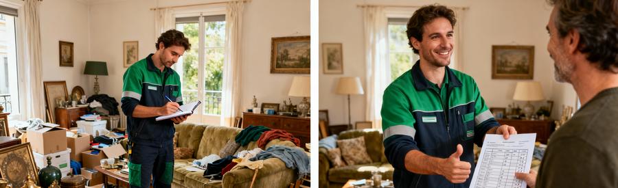 Evaluation Objets Estimation Professionnelle Nogent Professionnel évaluant des objets puis présentant une estimation détaillée pour un débarras à Nogent-sur-Marne