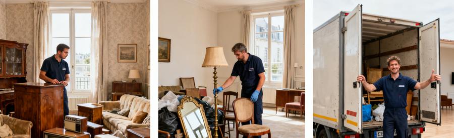 Evaluation Objets Rachat Debarras Brest Processus d'évaluation des objets de valeur : inspection des meubles, tri des articles récupérables, chargement professionnel pour débarras à Brest