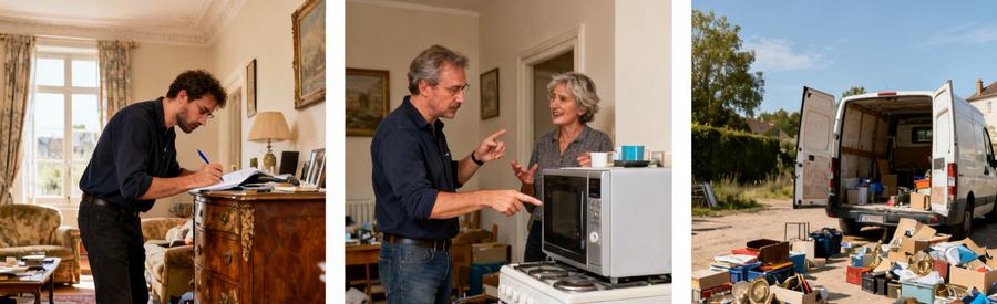 Evaluation Objets Recuperables Cholet Processus d'évaluation gratuite : expert inspecte meubles, discute valeur avec propriétaire, organise objets récupérables