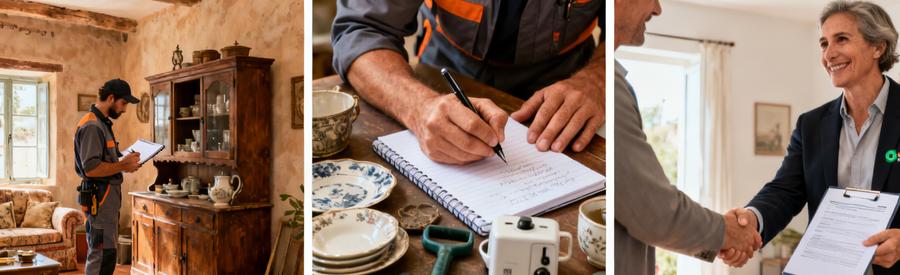 Evaluation Objets Recuperables Debarrasseur Gers Professionnel évaluant meubles anciens et objets de valeur lors d'un débarras dans le Gers pour déterminer la formule adaptée