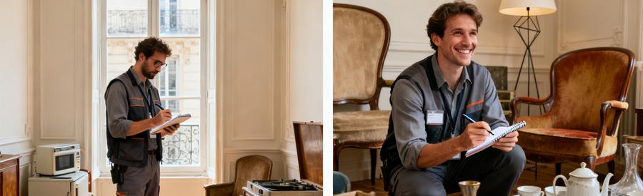 Evaluation Objets Valeur Appartement Puteaux Professionnel évaluant meubles et objets de valeur dans appartement à Puteaux pour déterminer formule adaptée