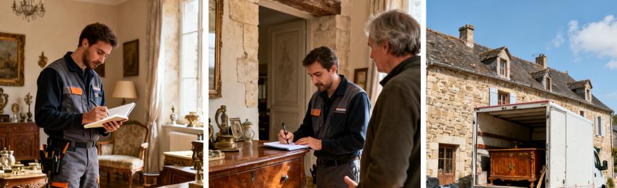 Evaluation Objets Valeur Compensation Aveyron Professionnel évaluant meubles anciens pour compensation sur intervention débarras en Aveyron